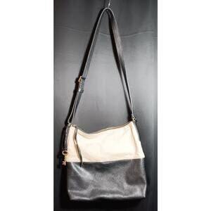 Fossil Charlotte Hobo Shoulder Bag Black Taupe Leather Two‑Tone Crossbody Strap